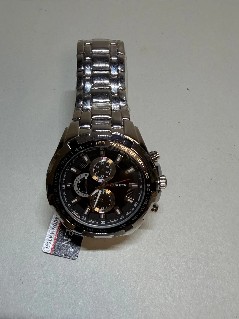 Men's Silver Stainless Steel Chronograph Watch with Black Dial